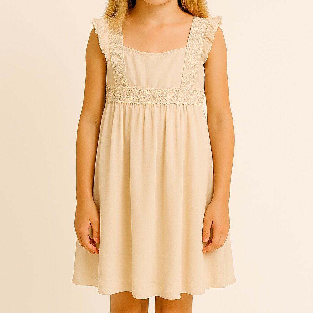 ROMWE Girls Cream Chiffon Crochet Lace Trim Babydoll Dress Size L(8-10)